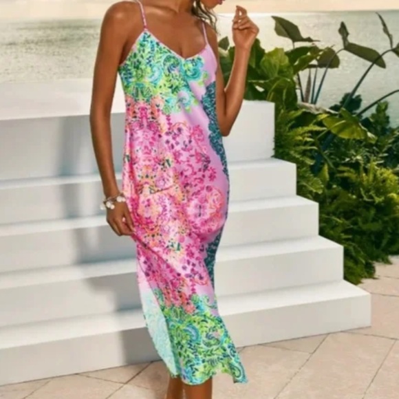 Lilly Pulitzer Bellalyn Satin Midi Slip Dress in Sunshine Vibes Engineered XS - Picture 1 of 4